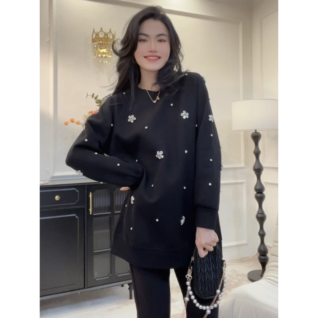 【星空之镜】欧洲站高级感卫衣中长款女秋冬新款收腰宽松卫衣裙LY