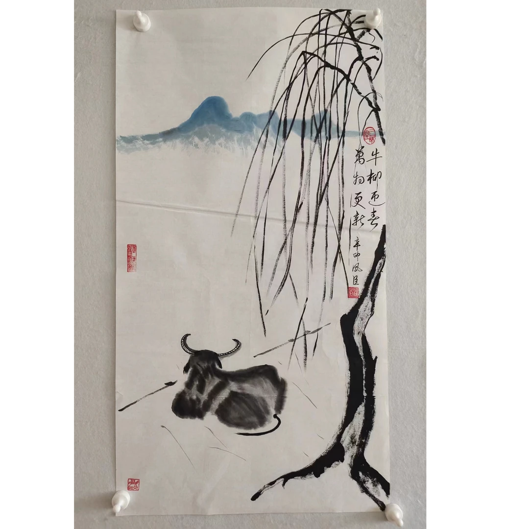 10 纯手绘老字画《牛柳迎春》中堂  尺寸 100×50