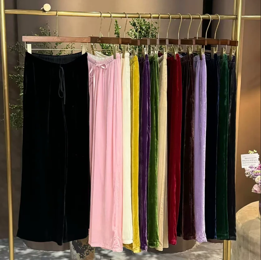 YY桑蚕丝真丝丝绒百搭净版垂顺高腰直筒垂感阔腿裤（有系绳）