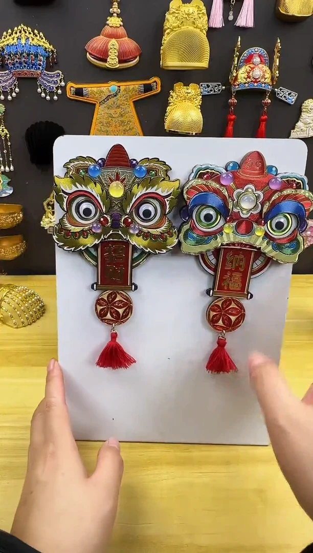 醒狮一对木质冰箱贴哈哈