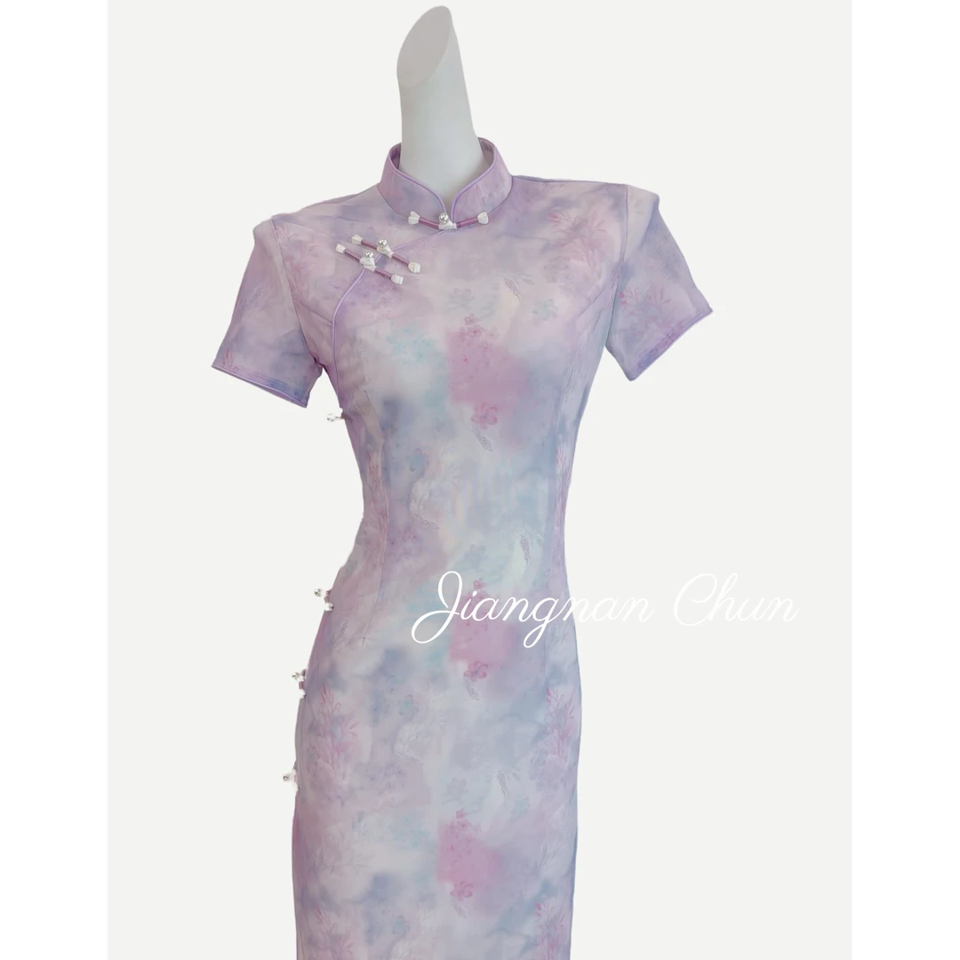 【紫梦】衣长118新中式文艺复古夏季日常旗袍立领显瘦修身双层