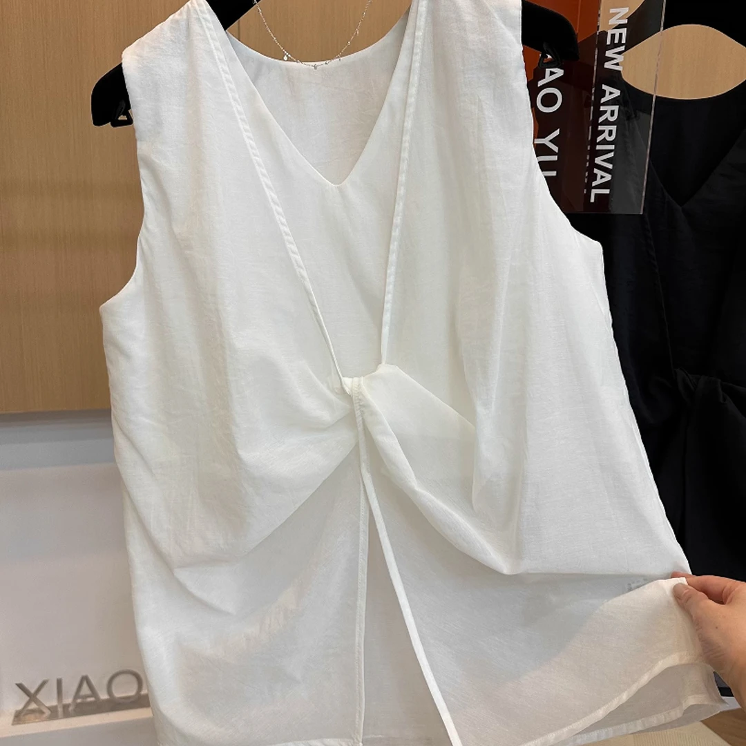 夏季设计感款小众不规则捏褶V领宽松显瘦无袖衬衫背心上衣女
