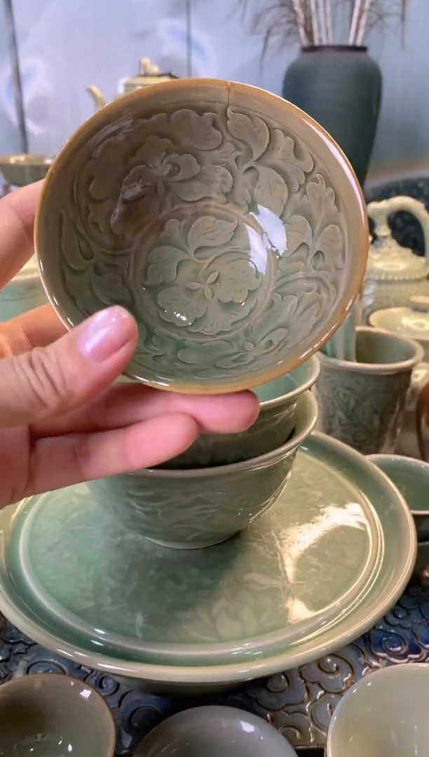 耀州窑小****?900053胎裂 手工刻花玉兰碗 一个 649号