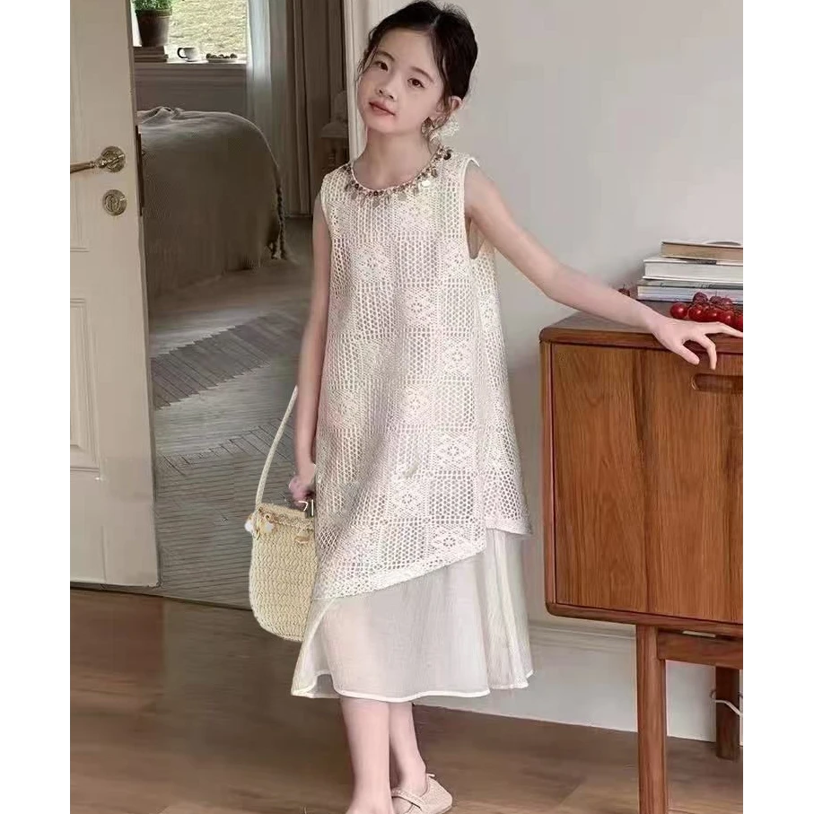 【送包包】女童夏季新款背心连衣裙洋气女宝宝镂空假两件套公主裙