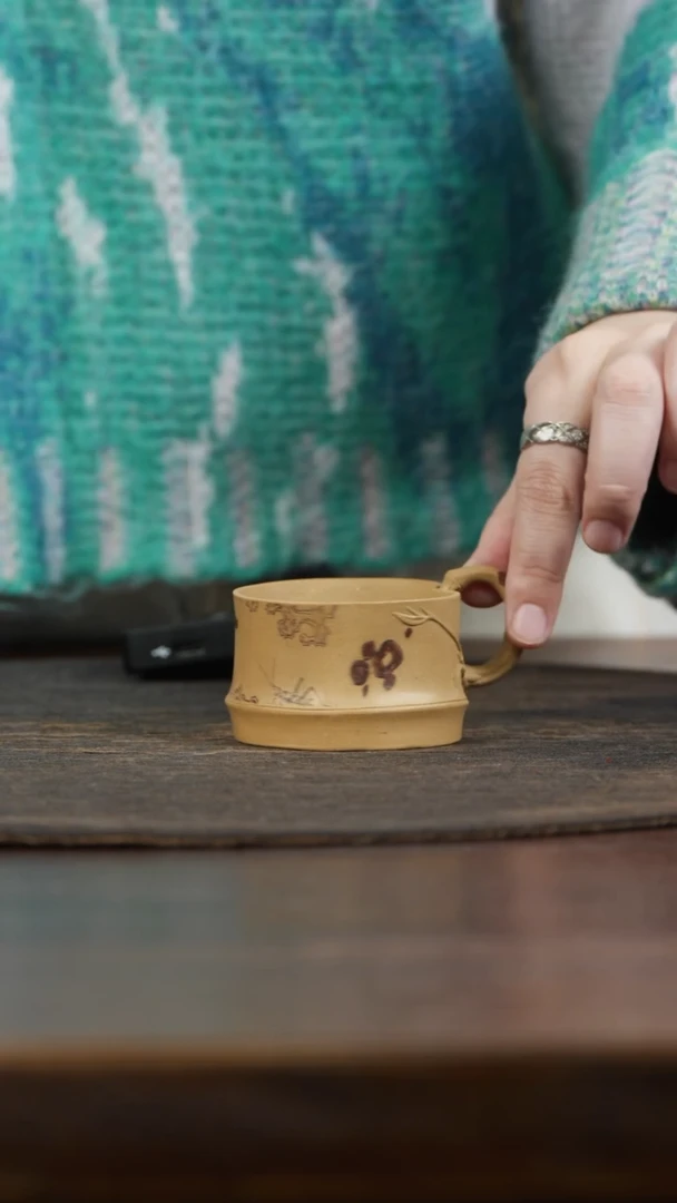 【闪购商品】紫砂茶叶罐湘妃竹刻竹报平安带把主人杯