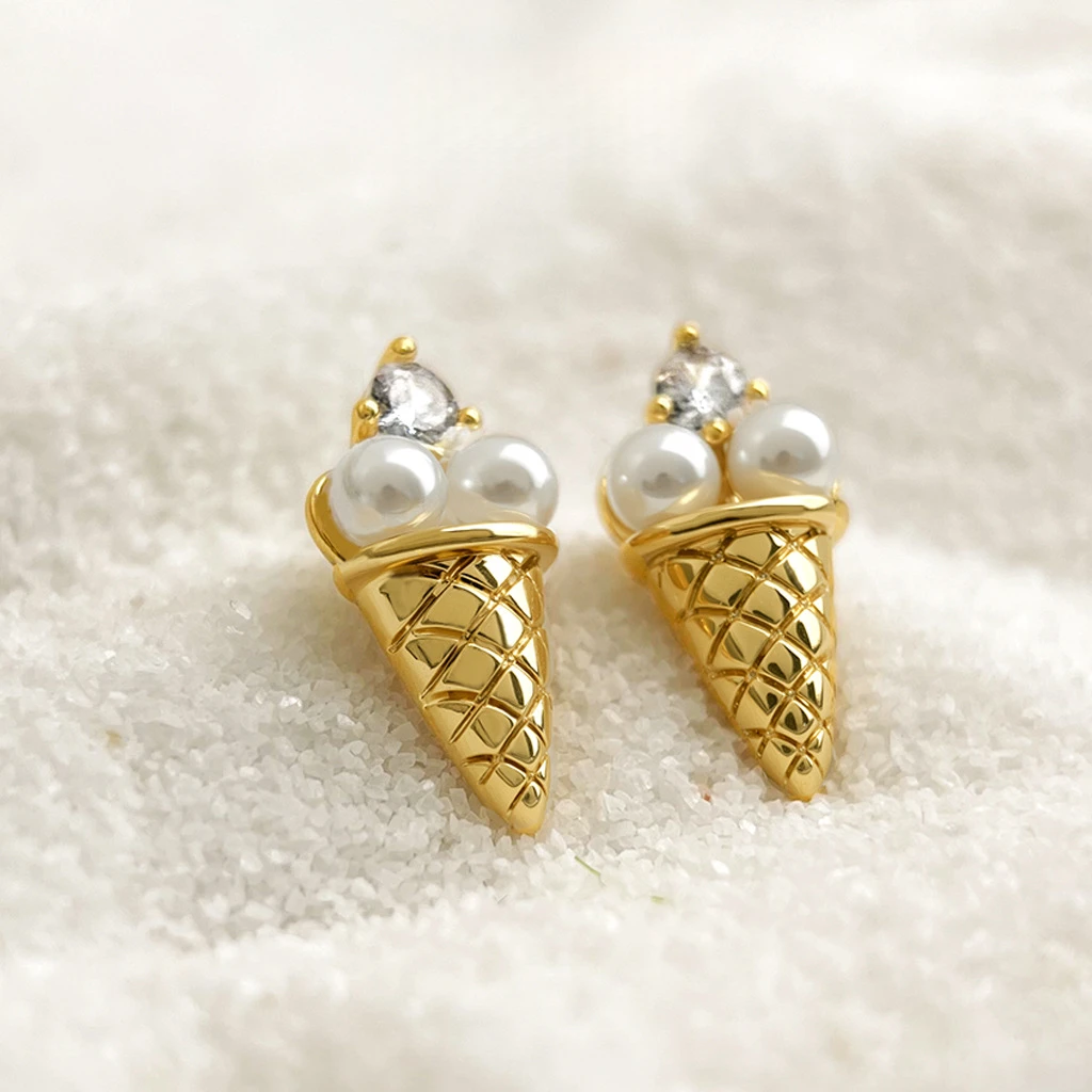 铜合金锆石耳饰 夏日冰纷~原创设计厚镀18K冰淇淋锆石耳钉Y357