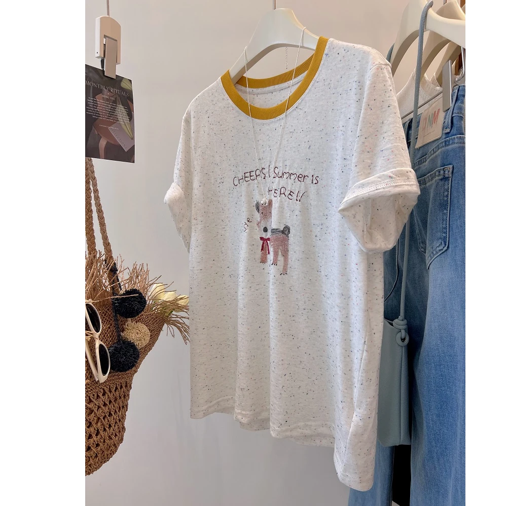 超软料 领结小狗刺绣 杂花点点撞色领百搭宽松短袖t恤女休闲TEE