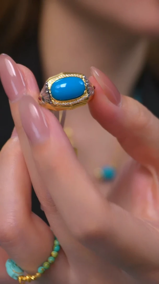 【婧婧精选】臻品 . 原矿绿松暴力蓝18K金男戒指 百搭精致