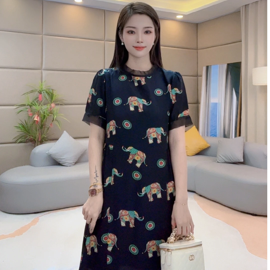 《雯雯心选》“小象”真丝连衣裙气质时尚圆领夏季宽松 72501