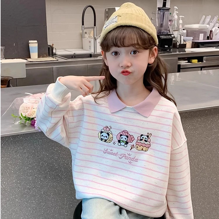 小女孩女童卫衣春秋款新品韩版条纹宽松洋气休闲翻领女大童卫衣