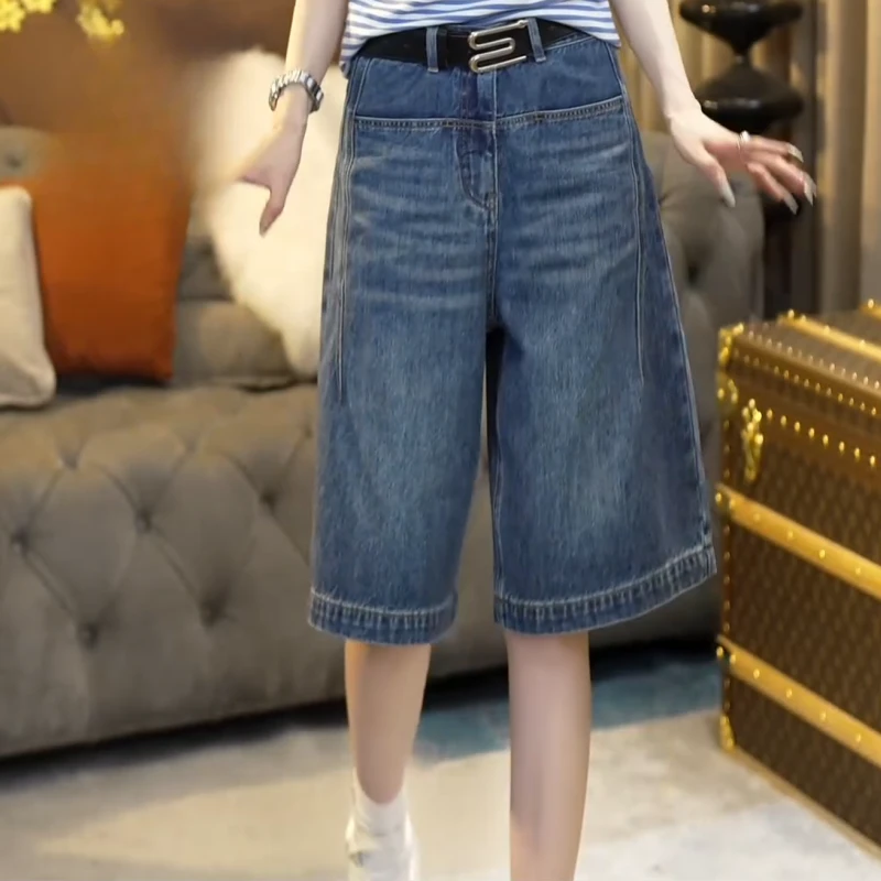 2025年新款高腰显瘦a字阔腿复古蓝五分牛仔短裤薄款LK2503253