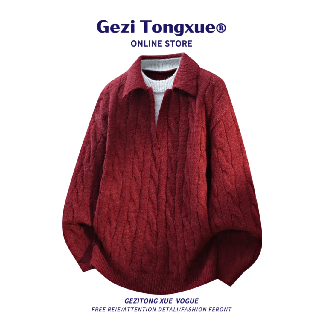 拼接假两件撞色毛衣男2025秋冬季高级感休闲小众加厚保暖针织衫潮