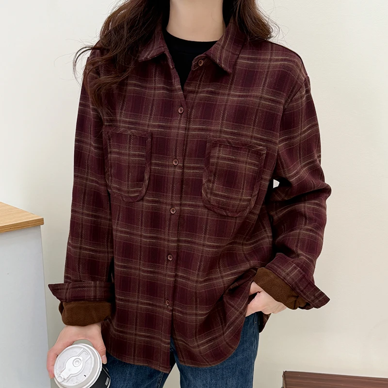 (衣兮复古磨毛格子衬衫)8190秋冬气质休闲加绒保暖长袖衬衫W