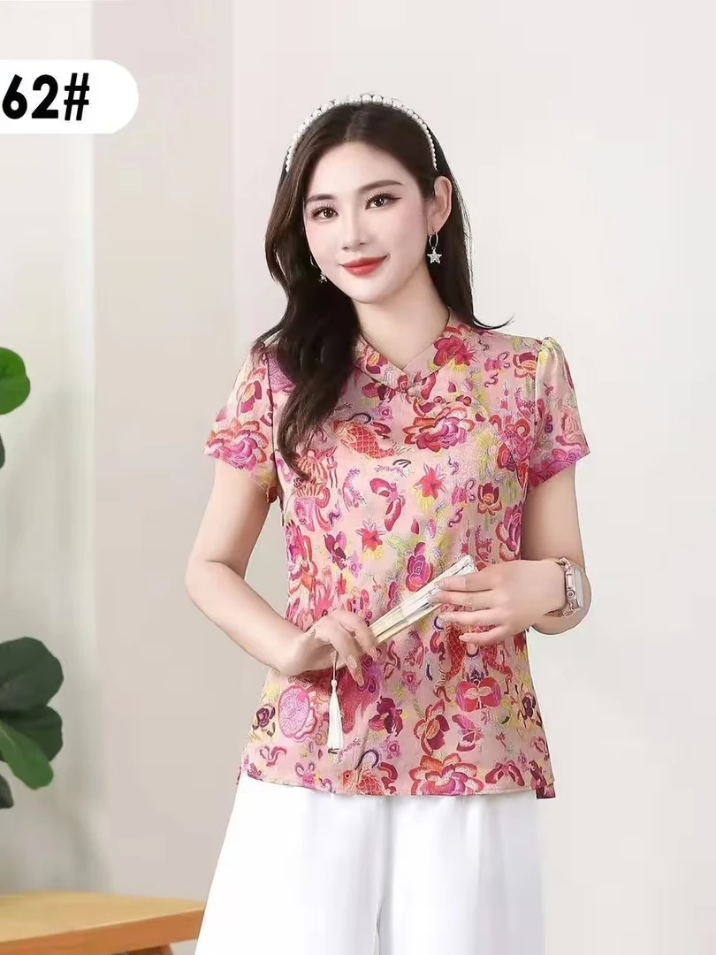 8862#时尚立领薄款宽松型新中式复古花色印花中式妈妈装气质上衣