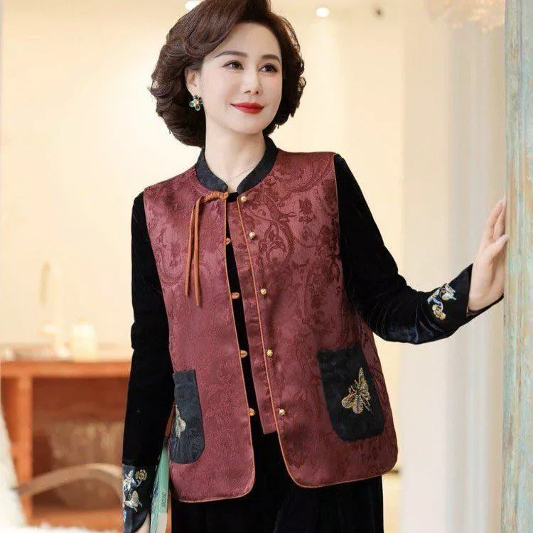 大码妈妈装撞色立领马甲女2025年春秋中老年国风洋气钉珠刺绣背心