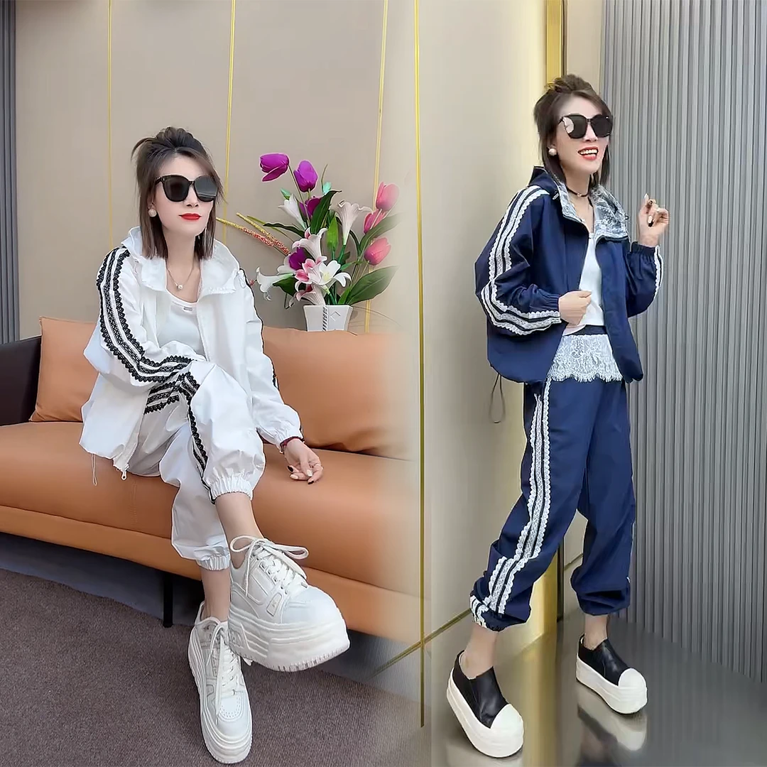 80627夏季新款 薄款蕾丝拼接连帽防晒上衣+裤子洋气休闲两件套