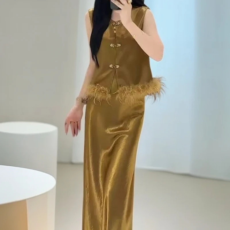 怱享  新中式国风羽毛流苏拼接上衣马甲半裙三件套68233