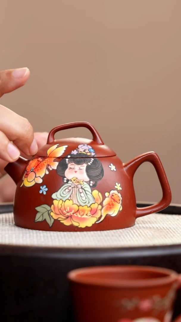 茶壶紫砂朱泥几何秦权泥绘唐美人
