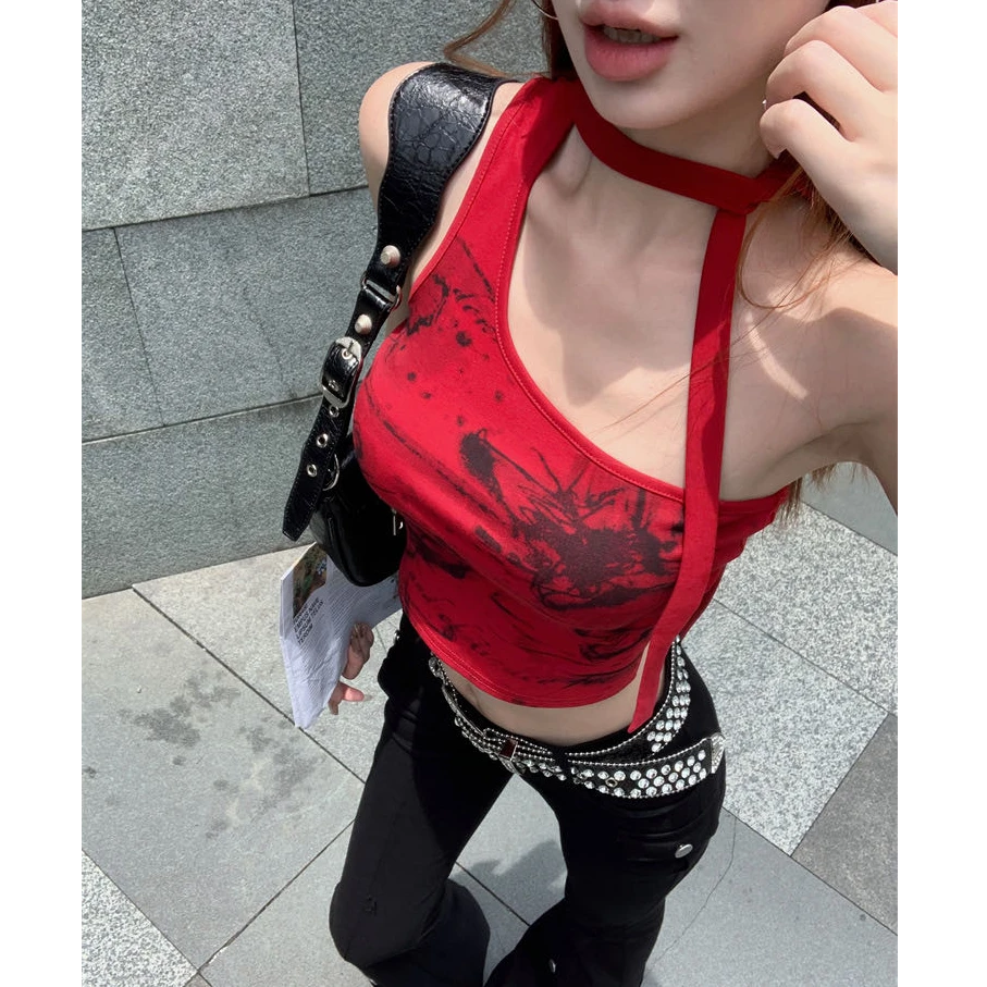 涂鸦印花吊带背心自带胸垫单肩绑带围脖宽松外穿上衣女辣妹