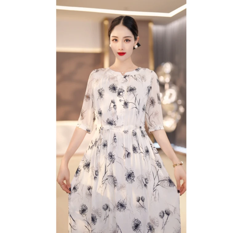 2025新款 真丝连衣裙女印花气质夏装桑蚕丝长裙子