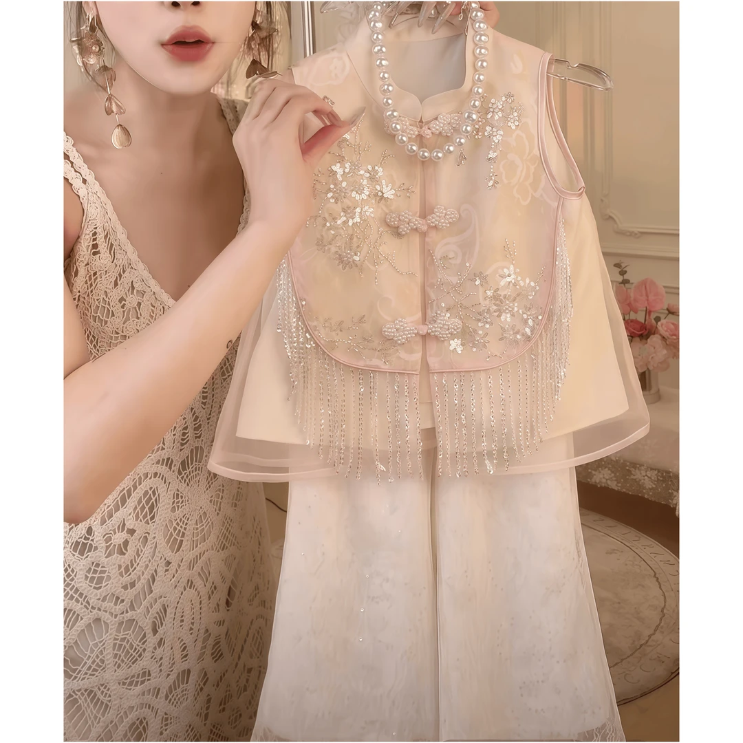 3-15岁中大童女童中国风马甲新中式儿童女宝精致休闲童装套装