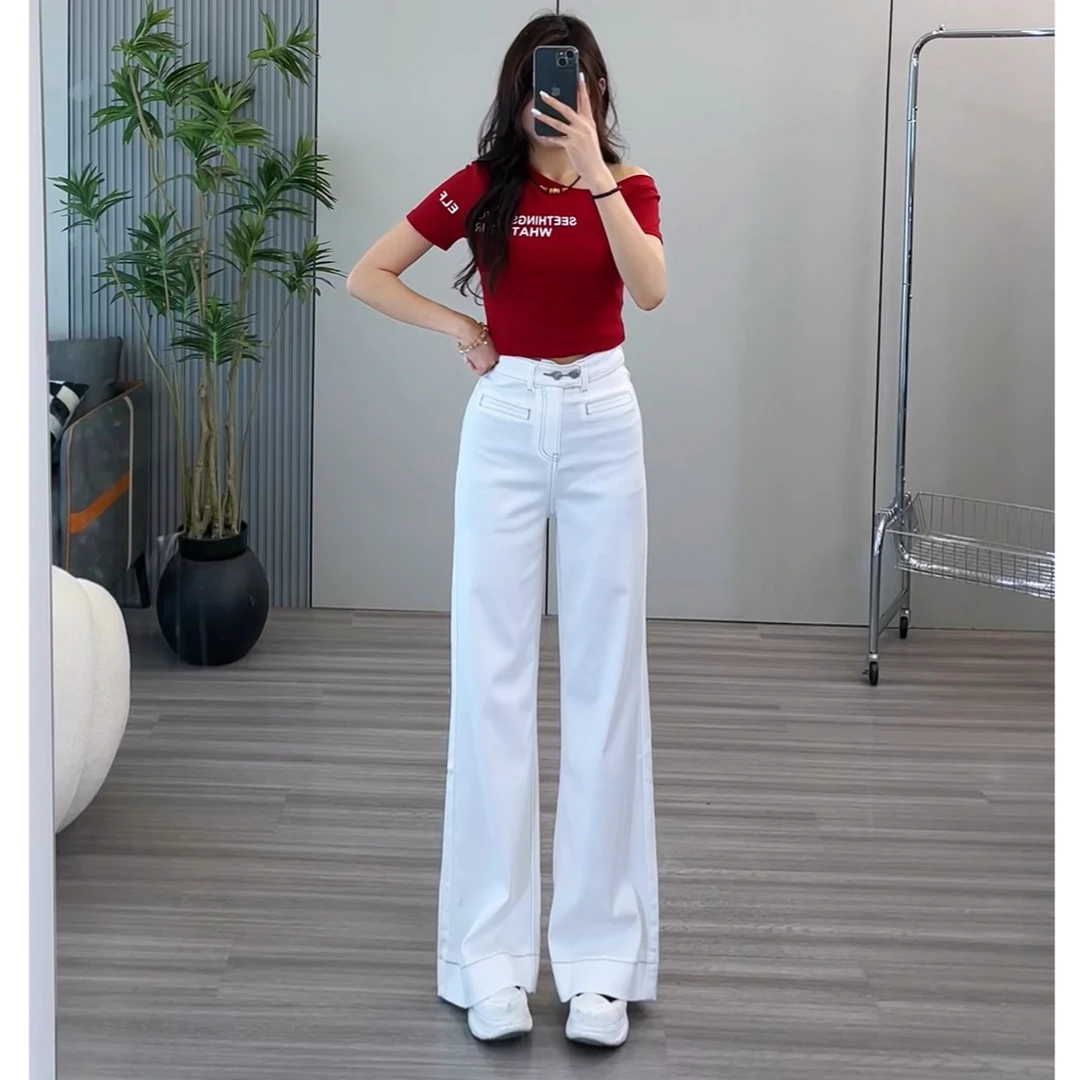 9821高腰弹力莱赛尔天丝直筒微喇拖地牛仔裤面料软垂感好