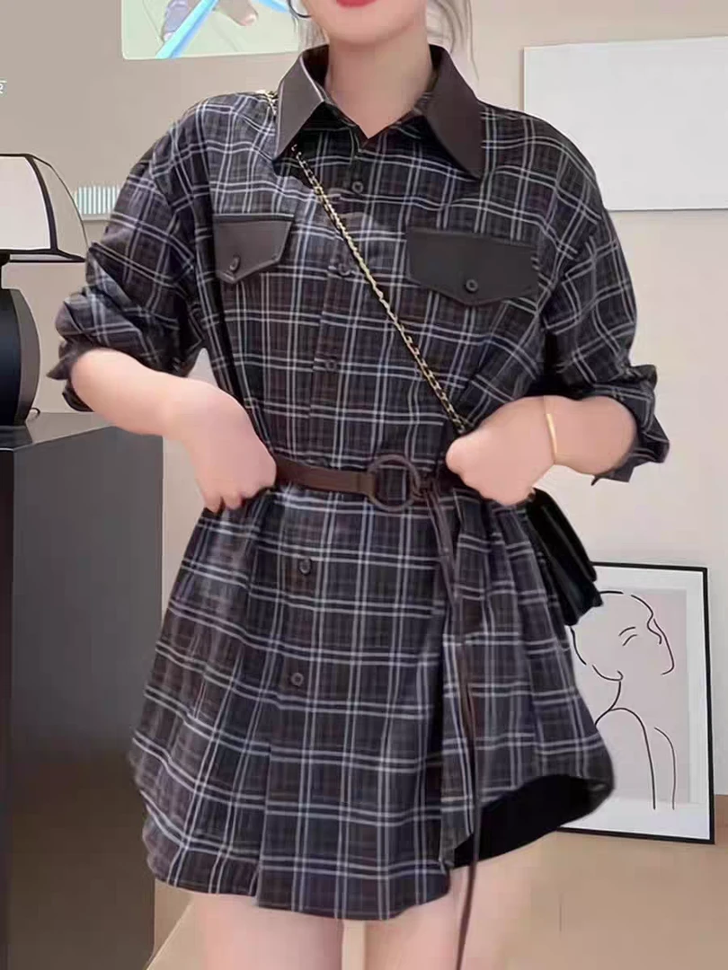 【0045#】修身型拼接格纹常规长袖衬衫格子衬衫韩版格子时尚