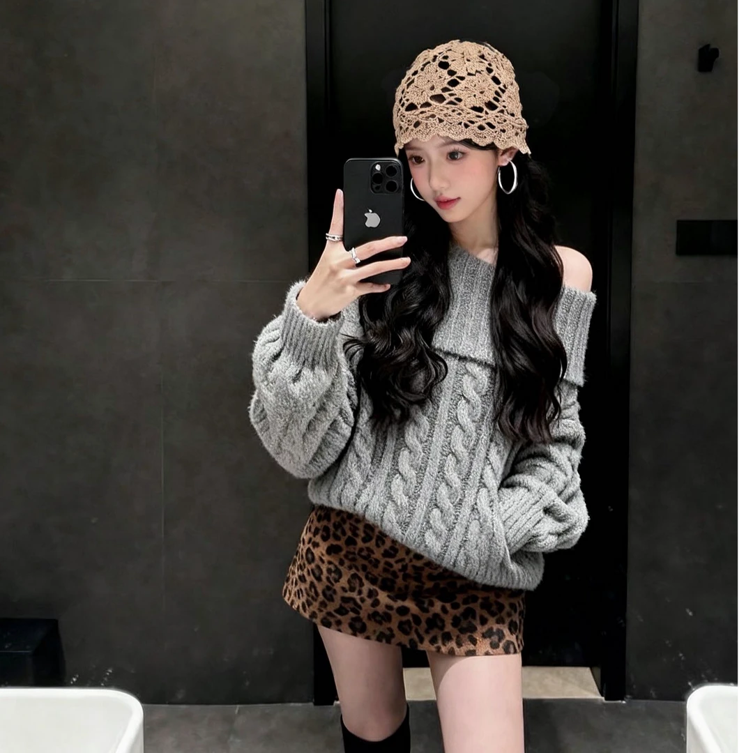 毛针织上衣一字肩性感辣妹外穿洋气休闲百搭气质显瘦半身裙两件套