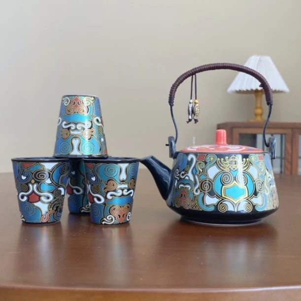 简约金银错饕餮提梁款茶壶家用泡茶壶