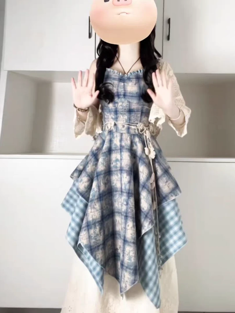 【四件套】美式设计感蓝色扎染拼接收腰显瘦格纹吊带连衣裙