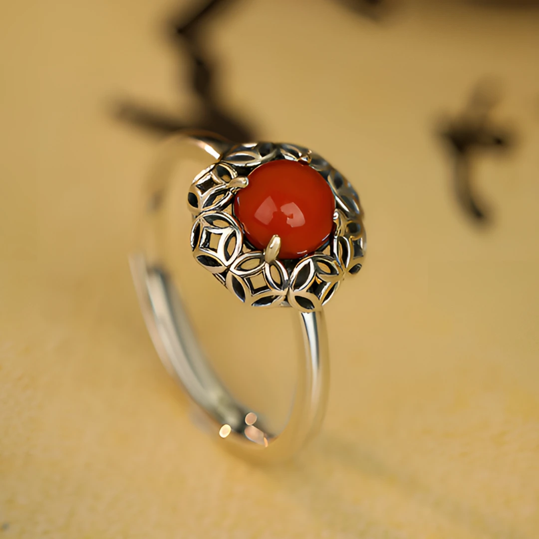 安妮猫有钱花钱币设计玛瑙925银戒指