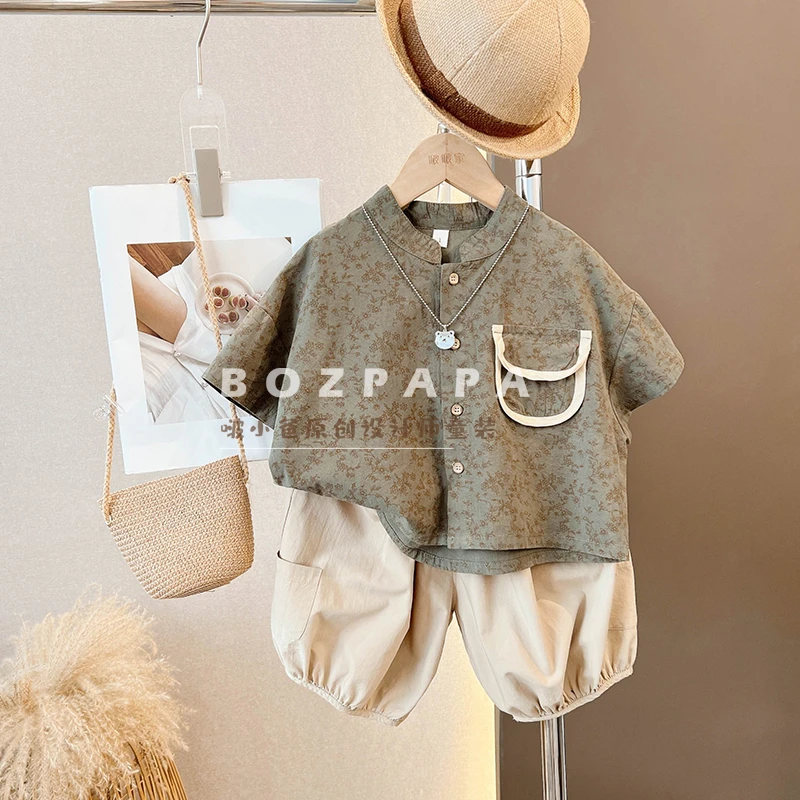 男童夏季短袖衬衫复古印花设计清凉透气宽松洋气七分裤宝宝套装潮
