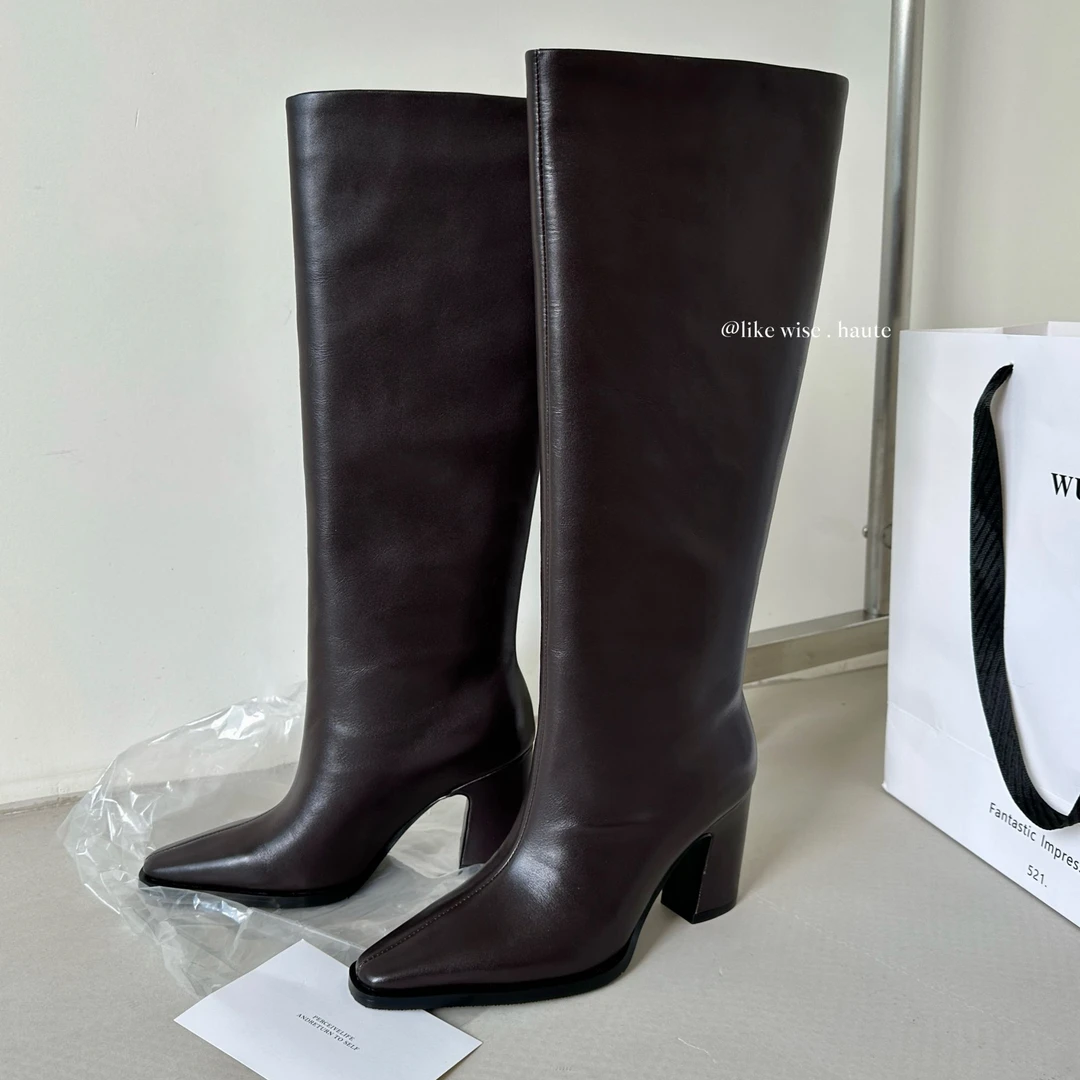 LIKE WISE HAUTE ·7.5cm小尖头粗跟皮质法式百搭时尚高跟长靴