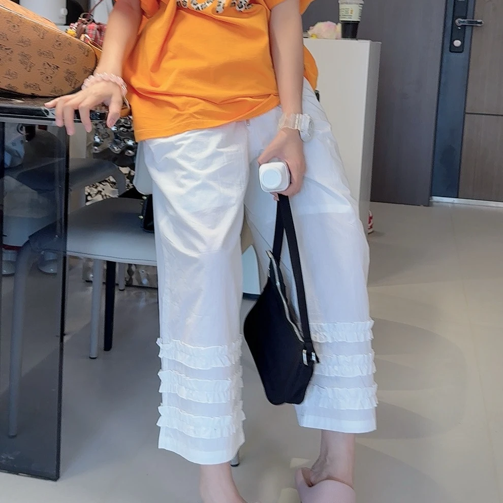 TTY青少年装 2025夏季时尚薄款显瘦设计感木耳边七分直筒裤279304