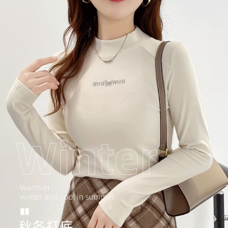 女士秋冬款小立领蝴蝶烫钻工艺插肩袖打底衫内搭保暖1073#