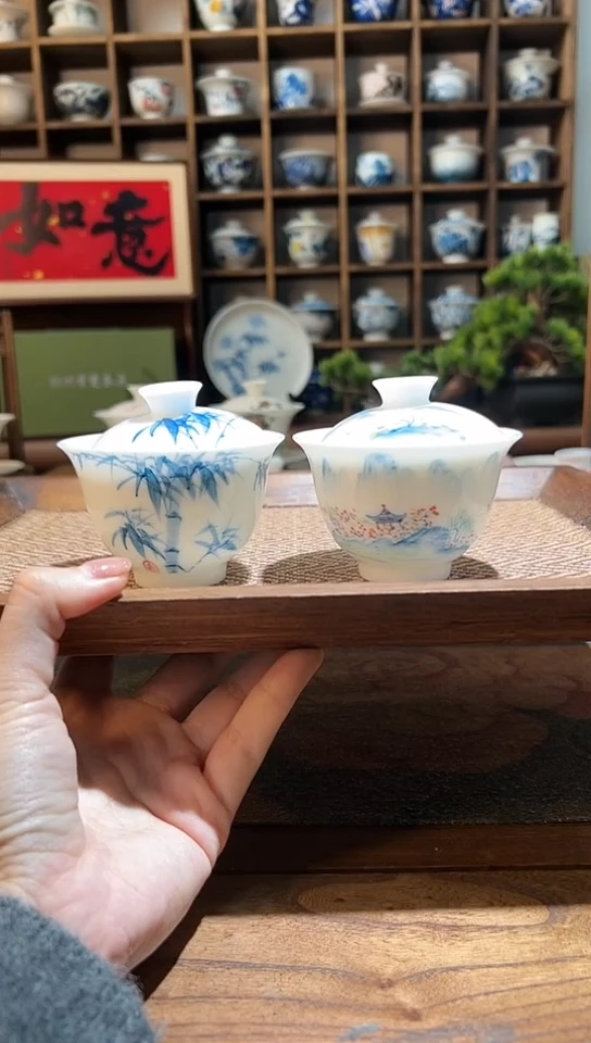 【闪购商品】五彩山水盖碗+竹子元宝盖碗