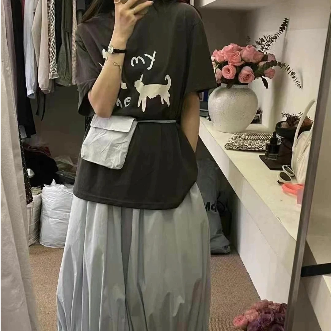 루루가−（花苞狗狗）韩国东大门短袖T恤宽松显瘦花苞半身裙三件套装