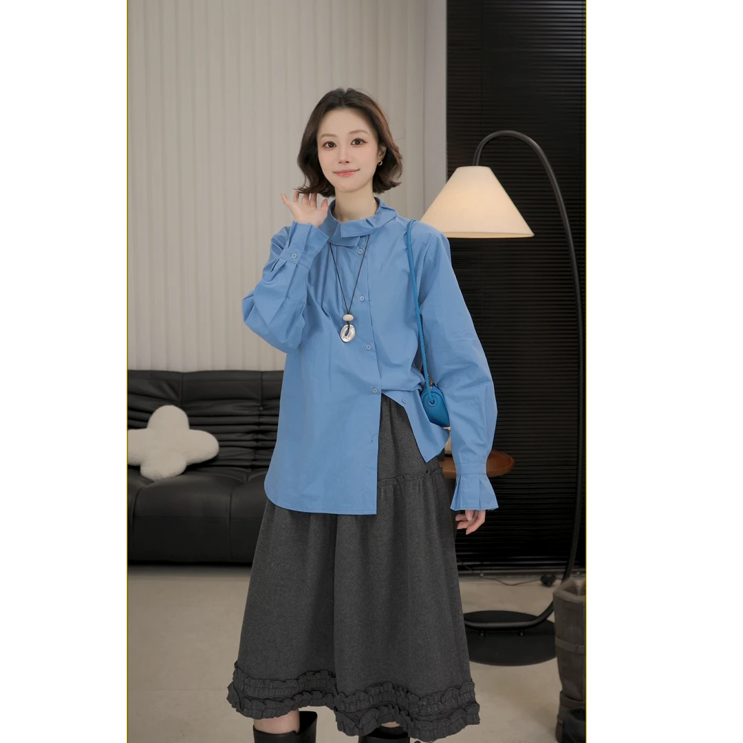 【EVA RYAN】秋冬新款衬衫女设计感宽松立领别致衬衣百搭上衣E668