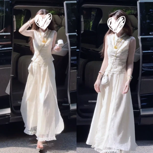 2025夏季新中式白色无袖上衣半身裙套装女夏独特绝美高级感套装