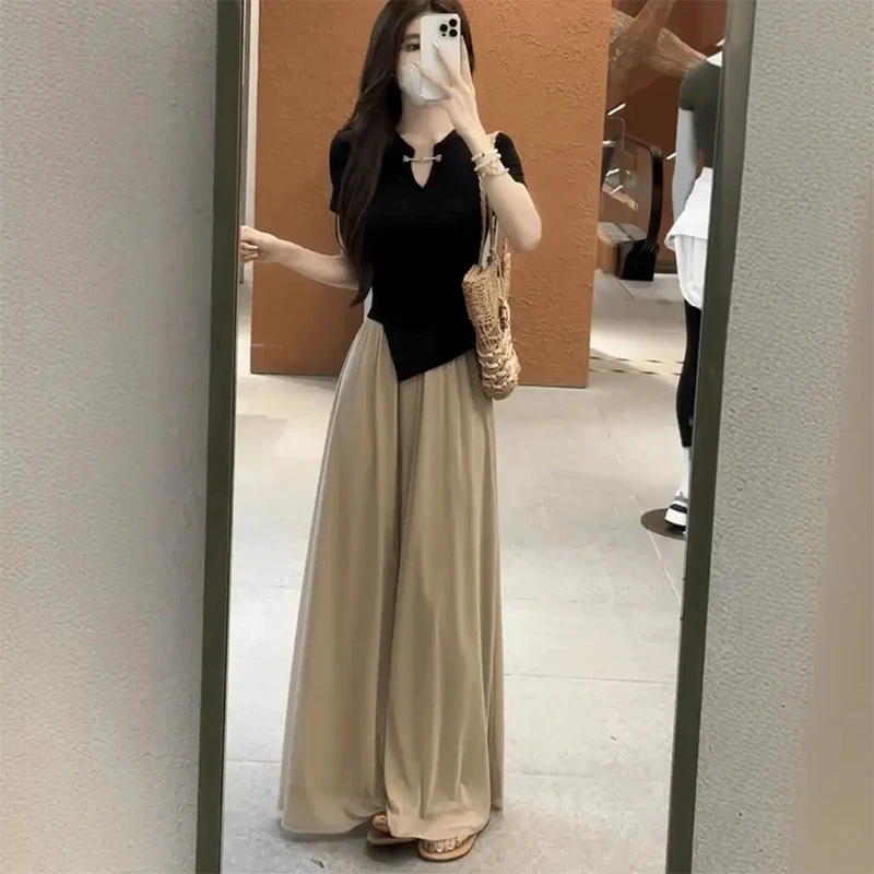 2025夏季新款新中式不规则短袖上衣女显瘦休闲阔腿裤时尚两件套装