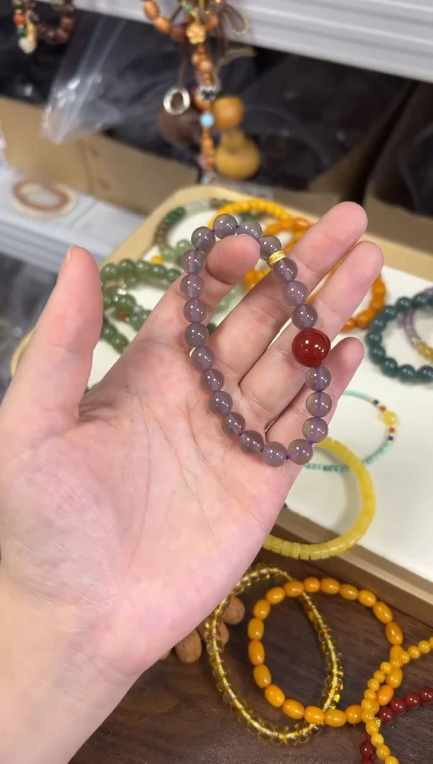 玛瑙/玉髓手链未镶嵌冰烟紫玛瑙红大顶珠手串[0108]