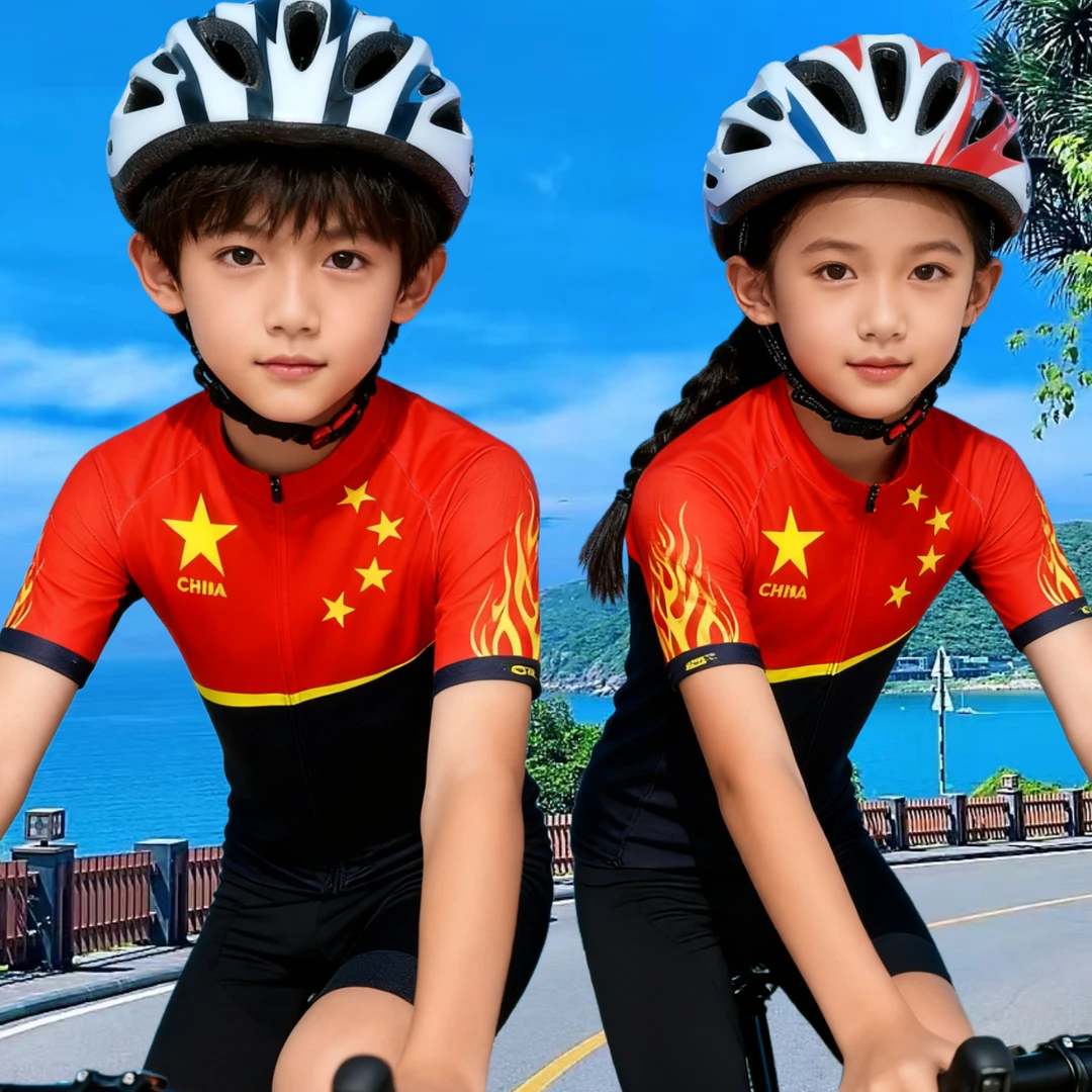 国风款春夏儿童骑行服短袖套装山地自行车平衡车单车服表演轮滑服