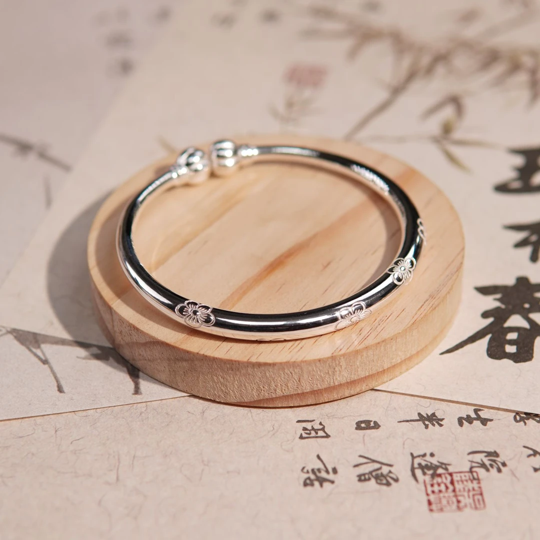 足银手镯 苗人匠银坊 纯手工 亮面梅花南瓜头开口镯