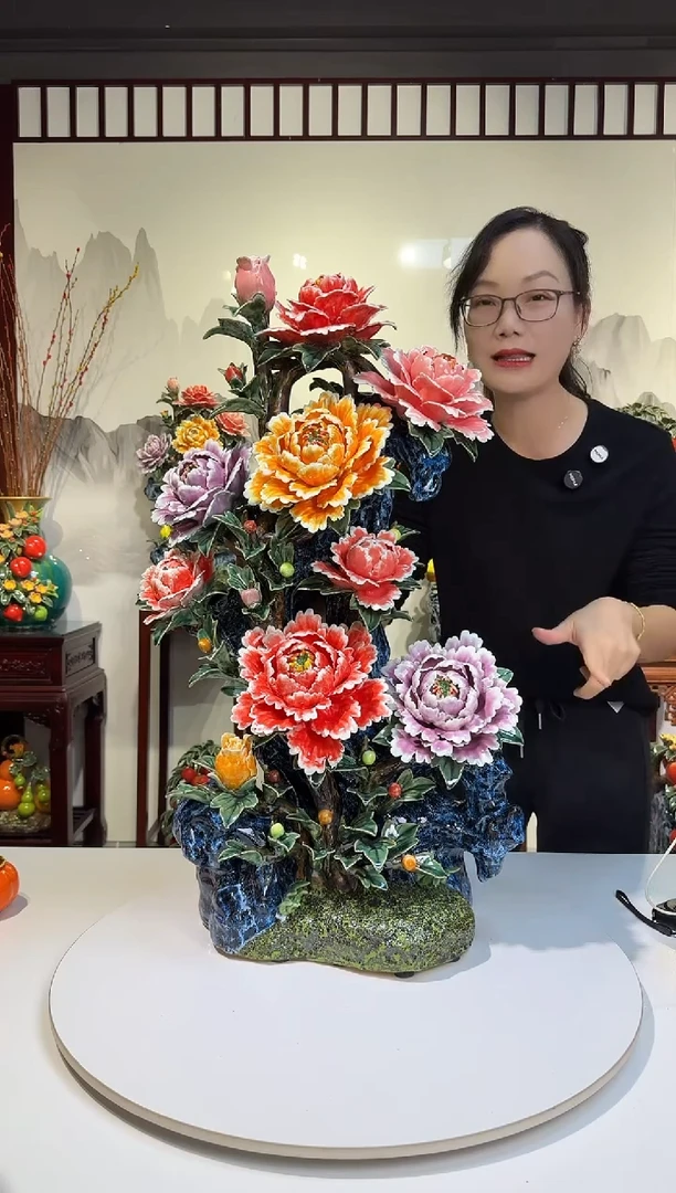 陶瓷庾*斌花开富贵牡丹花石湾陶