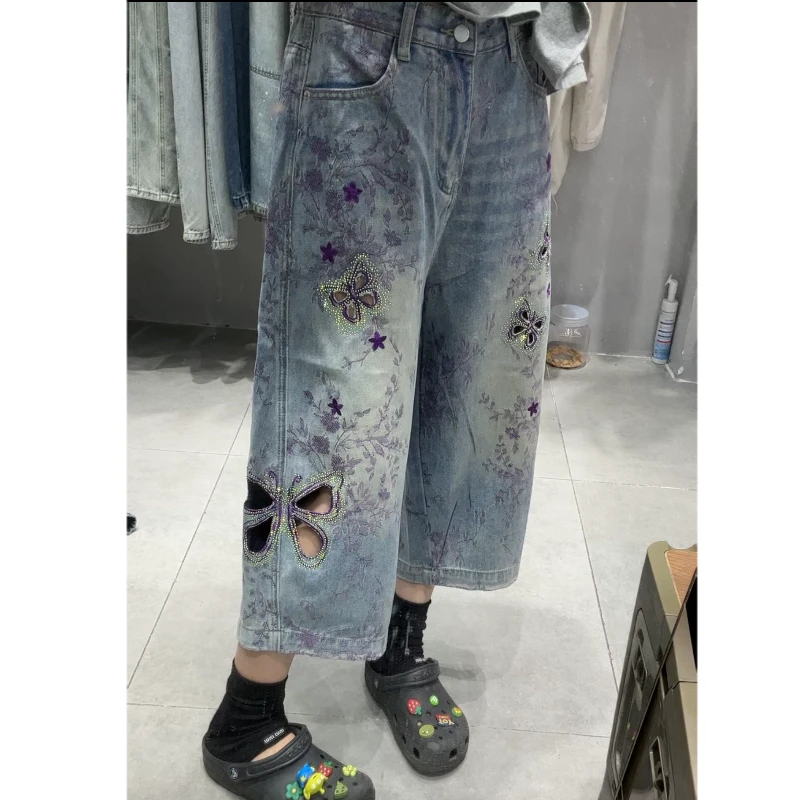 夏季新款薰衣草紫色蝴蝶重工烫钻松紧腰显瘦牛仔裤