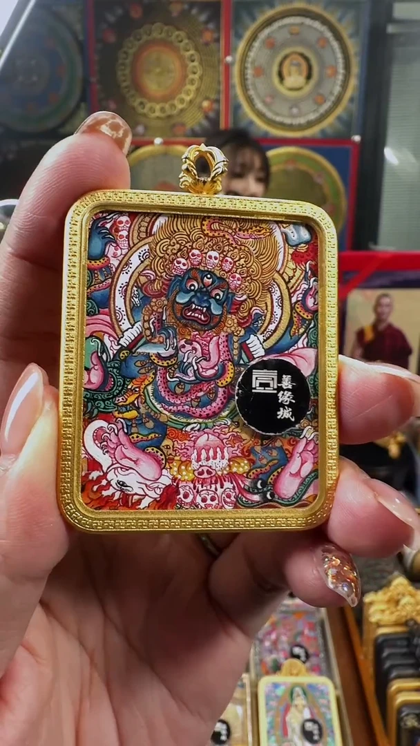吊坠壹善缘城手绘唐卡六臂大黑天铜壳双面