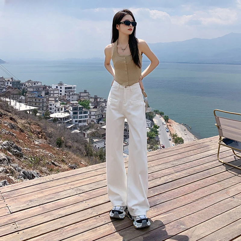 白色窄版阔腿牛仔裤女秋季爆款高腰显瘦垂感宽松百搭直筒女士裤子