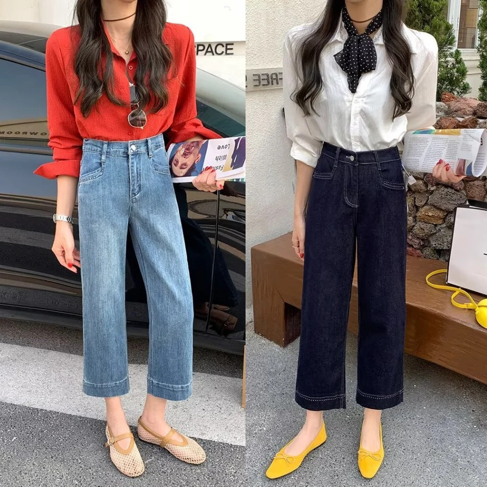 大码胖mm百搭显瘦高弹弹力直筒牛仔裤女春季新款宽松休闲烟管裤