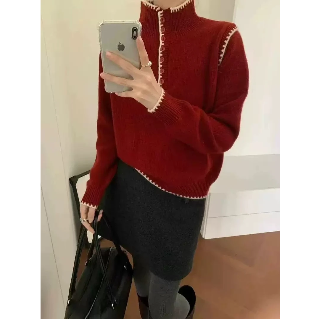 纽扣假两件」超显白~半高领拼色毛衣冬季宽松软糯针织上衣-5691