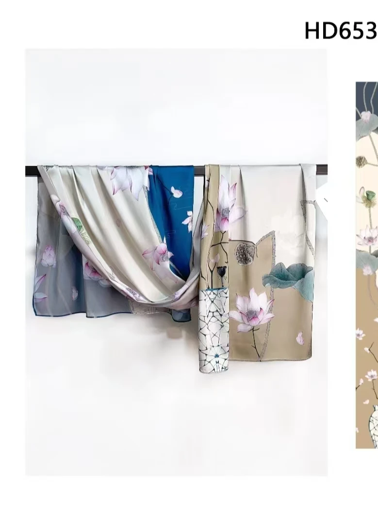 桑蚕丝双面荷花四季时尚百搭女士长款围巾披肩60-180